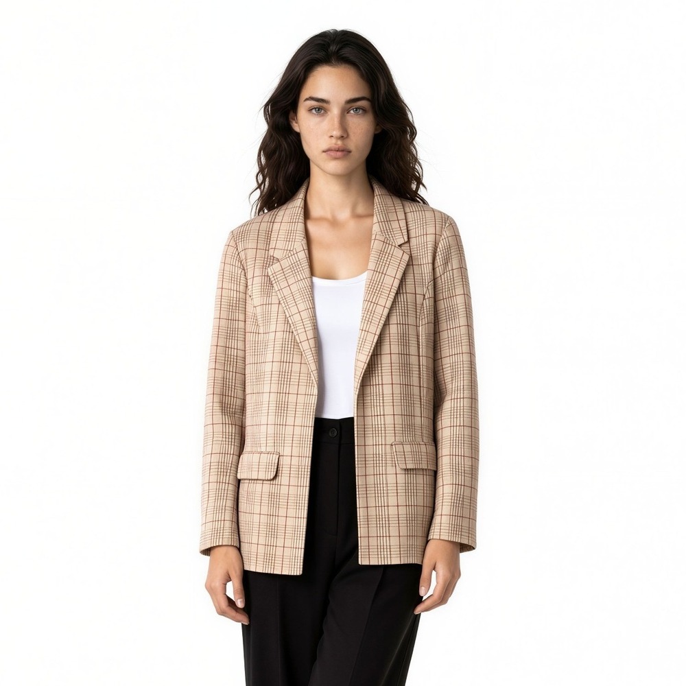 NWT Liverpool Plaid Blazer Women's Size XL Tan Open Front Notched Lapel Jacket
